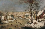 Pieter Brueghel the Younger, Winter landscape with ice skaters and a bird trap.